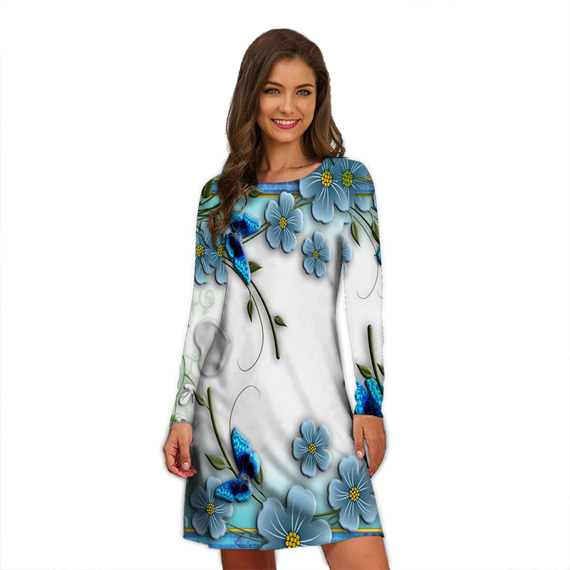 New Women A-Line Fashion Print Dress Loose Elegant Butterfly Print Long Casual Sexy Long Sleeve Dress Clothing