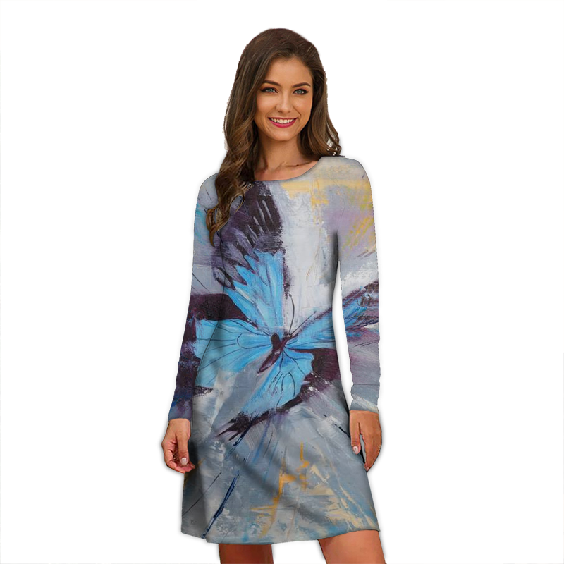 New Women A-Line Fashion Print Dress Loose Elegant Butterfly Print Long Casual Sexy Long Sleeve Dress Clothing