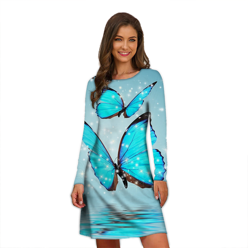 New Women A-Line Fashion Print Dress Loose Elegant Butterfly Print Long Casual Sexy Long Sleeve Dress Clothing