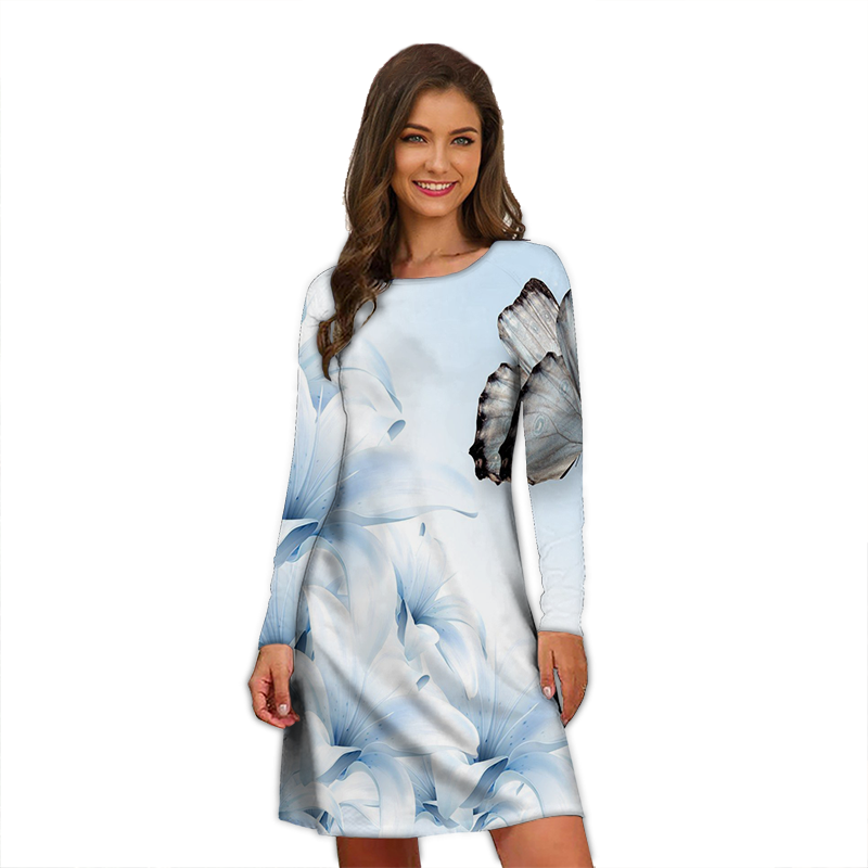 New Women A-Line Fashion Print Dress Loose Elegant Butterfly Print Long Casual Sexy Long Sleeve Dress Clothing