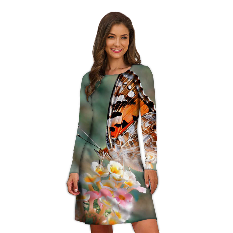 New Women A-Line Fashion Print Dress Loose Elegant Butterfly Print Long Casual Sexy Long Sleeve Dress Clothing