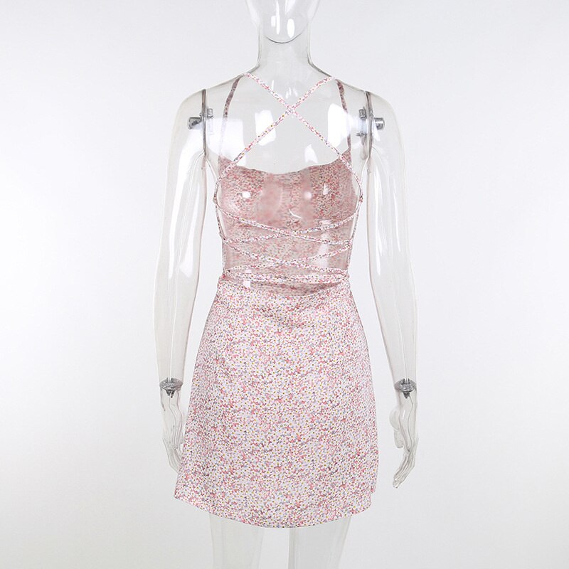 Women's Dresses Short Casual Open Back Sexy Low-cut Bandage Flower Suspender Dress Summer 2022 New Ins Style