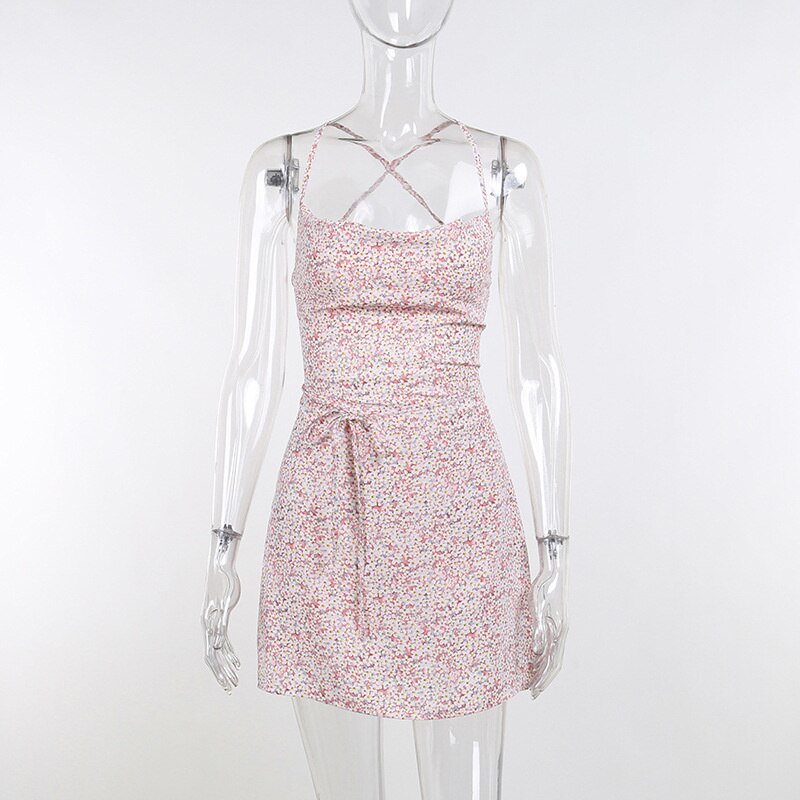 Women's Dresses Short Casual Open Back Sexy Low-cut Bandage Flower Suspender Dress Summer 2022 New Ins Style