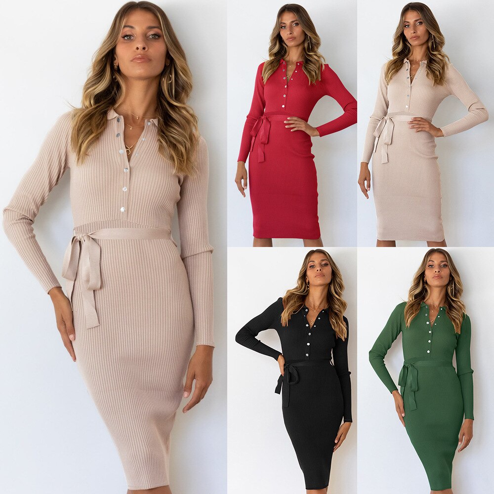 NEW Ladies Lace-up Skirt Elegant Dress Mid-length Pullover Knitted Dress Women's Autumn and Winter Long-sleeved Slim Solid Dress NEW Ladies Lace-up Skirt Elegant Dress Mid-length Pullover Knitted Dress Women's Autumn and Winter Long-sleeved Slim Solid Dress