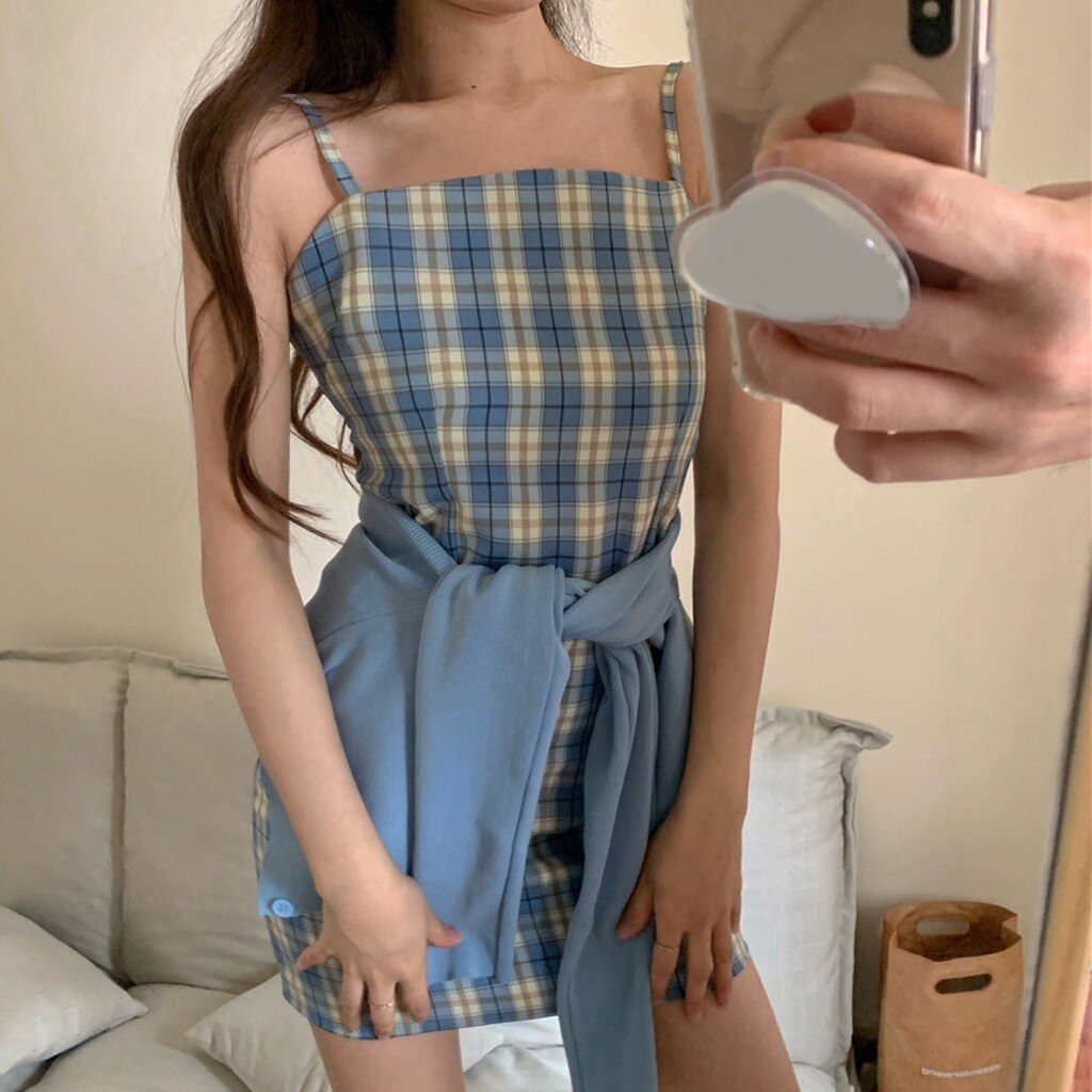 Women Fashion Lattice Print Slim Sexy Dress Sleeveless Strap Dress Mini Dresses Mid Length Summer Dresses Women Fashion Lattice Print Slim Sexy Dress Sleeveless Strap Dress Mini Dresses Mid Length Summer Dresses