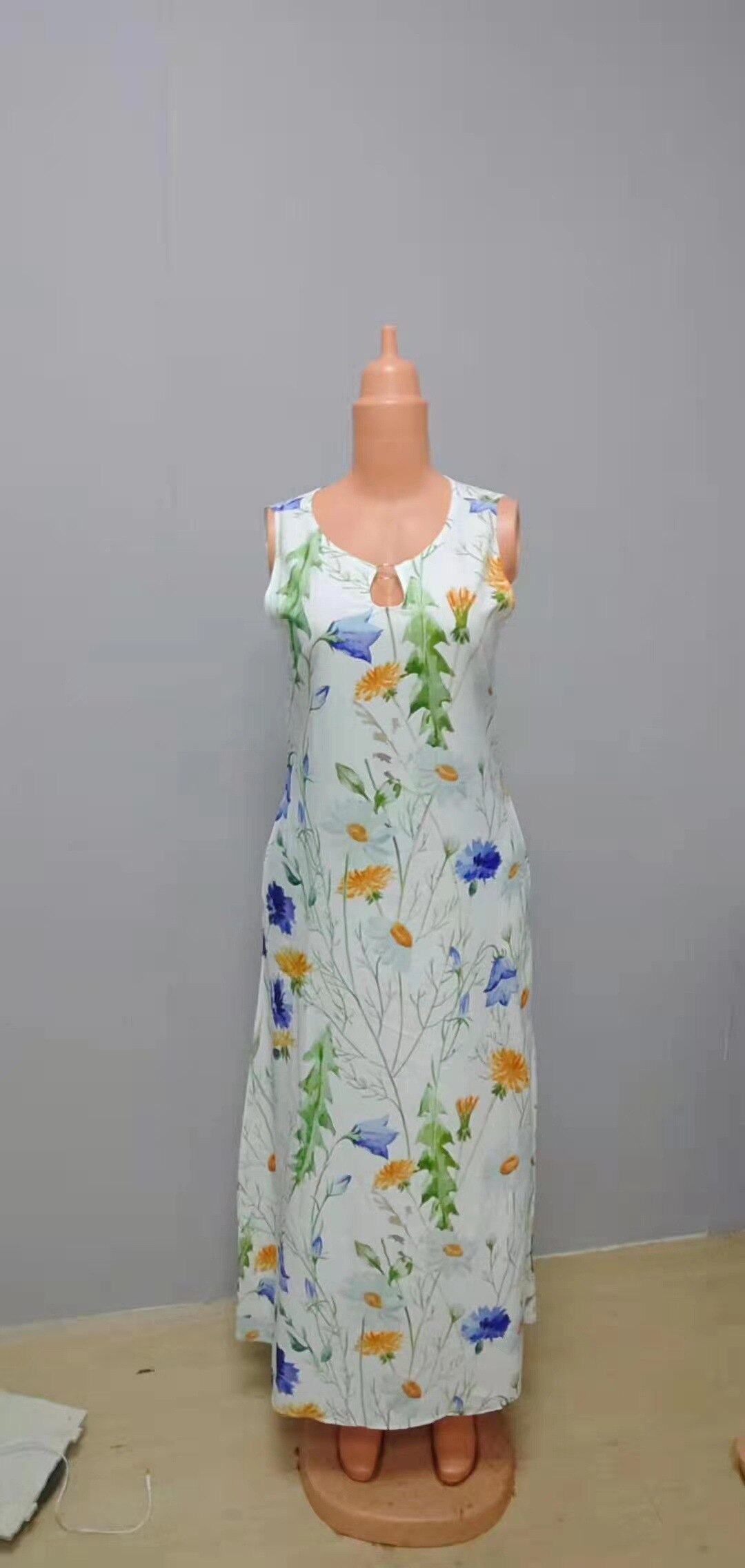 Bohemian Floral Printing Hollow Out Elegant Dresses For Women Large Swing Sexy High Waist Maxi Party Slim Tank Sleeveless Dress