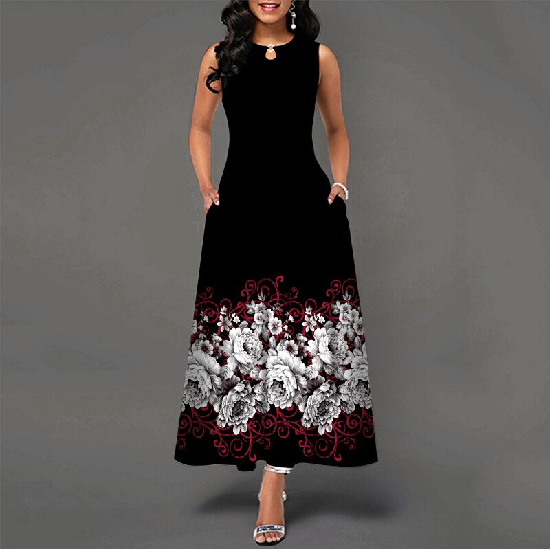 Bohemian Floral Printing Hollow Out Elegant Dresses For Women Large Swing Sexy High Waist Maxi Party Slim Tank Sleeveless Dress