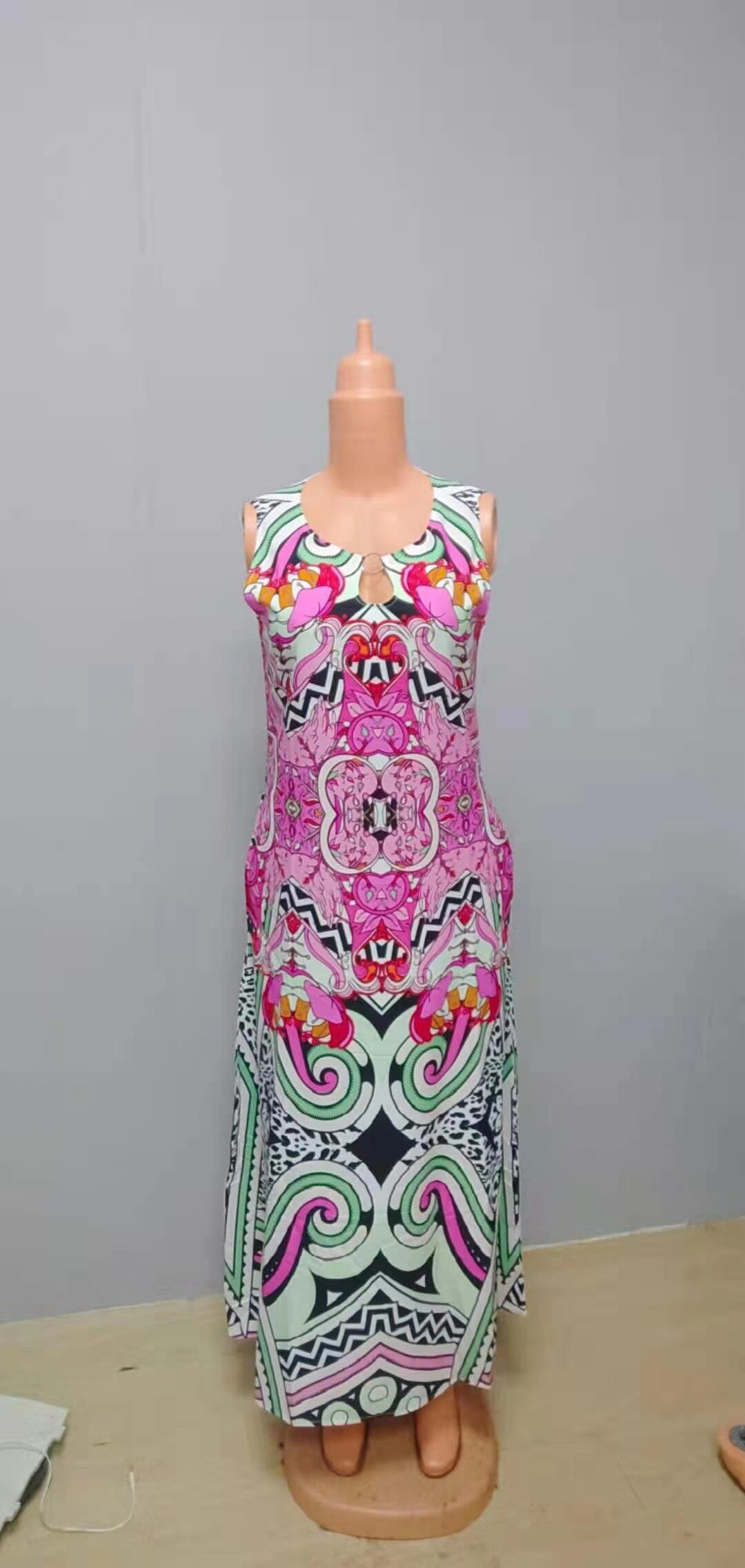 Bohemian Floral Printing Hollow Out Elegant Dresses For Women Large Swing Sexy High Waist Maxi Party Slim Tank Sleeveless Dress