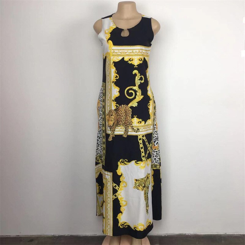 Bohemian Floral Printing Hollow Out Elegant Dresses For Women Large Swing Sexy High Waist Maxi Party Slim Tank Sleeveless Dress