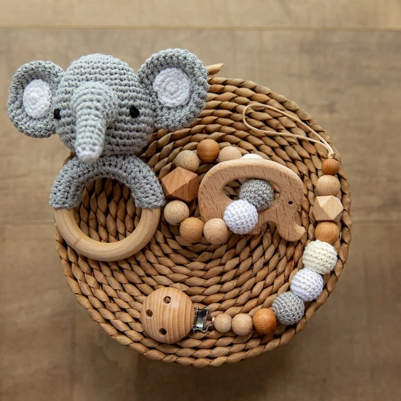 1set Baby Rattle Wooden Crochet Elephant Bells Music Teething Bracelet Pacifier Dummy Clips Gym Play Rodent Baby Products Toy 1set Baby Rattle Wooden Crochet Elephant Bells Music Teething Bracelet Pacifier Dummy Clips Gym Play Rodent Baby Products Toy