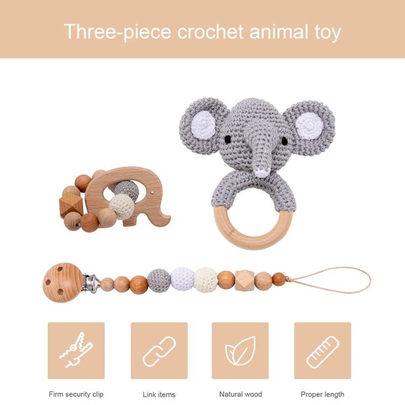1set Baby Rattle Wooden Crochet Elephant Bells Music Teething Bracelet Pacifier Dummy Clips Gym Play Rodent Baby Products Toy 1set Baby Rattle Wooden Crochet Elephant Bells Music Teething Bracelet Pacifier Dummy Clips Gym Play Rodent Baby Products Toy