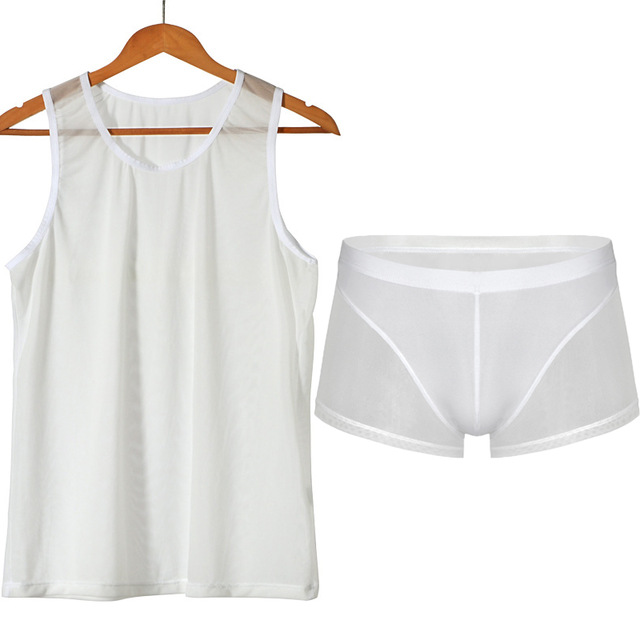 Men Undershirt Sets Sexy Mesh Fishnet Transparent Tank Tops Pants Shorts Underwear Sleepwear Tracksuit Breathable Sportwear Suit Men Undershirt Sets Sexy Mesh Fishnet Transparent Tank Tops Pants Shorts Underwear Sleepwear Tracksuit Breathable Sportwear Suit