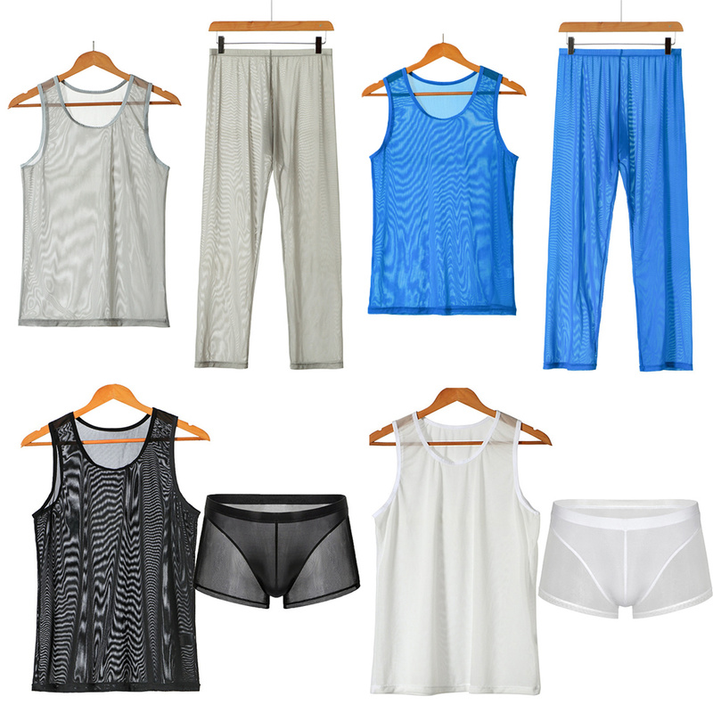 Men Undershirt Sets Sexy Mesh Fishnet Transparent Tank Tops Pants Shorts Underwear Sleepwear Tracksuit Breathable Sportwear Suit Men Undershirt Sets Sexy Mesh Fishnet Transparent Tank Tops Pants Shorts Underwear Sleepwear Tracksuit Breathable Sportwear Suit