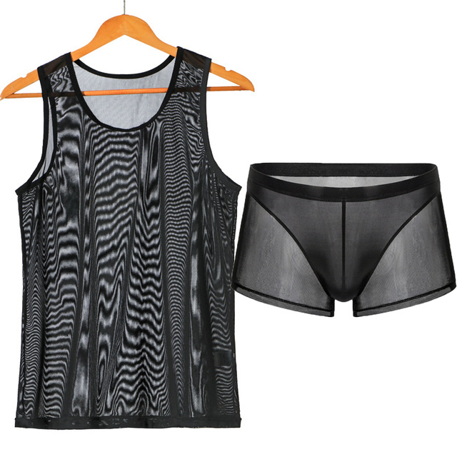 Men Undershirt Sets Sexy Mesh Fishnet Transparent Tank Tops Pants Shorts Underwear Sleepwear Tracksuit Breathable Sportwear Suit Men Undershirt Sets Sexy Mesh Fishnet Transparent Tank Tops Pants Shorts Underwear Sleepwear Tracksuit Breathable Sportwear Suit