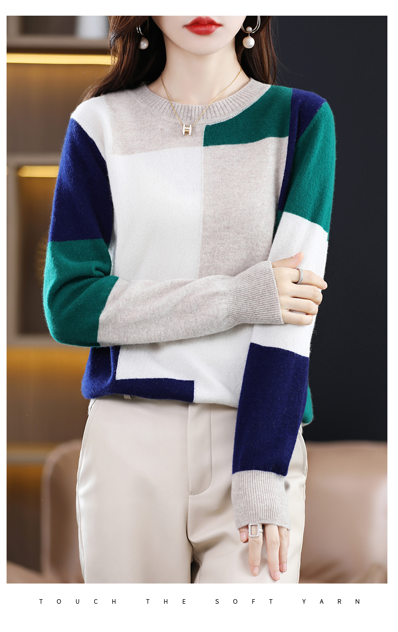 Woman's Sweaters Autumn Winter Fashion Patchwork Casual Coats Female Pullover Long Sleeve O-Neck Jumper 100% Wool Knitted Tops