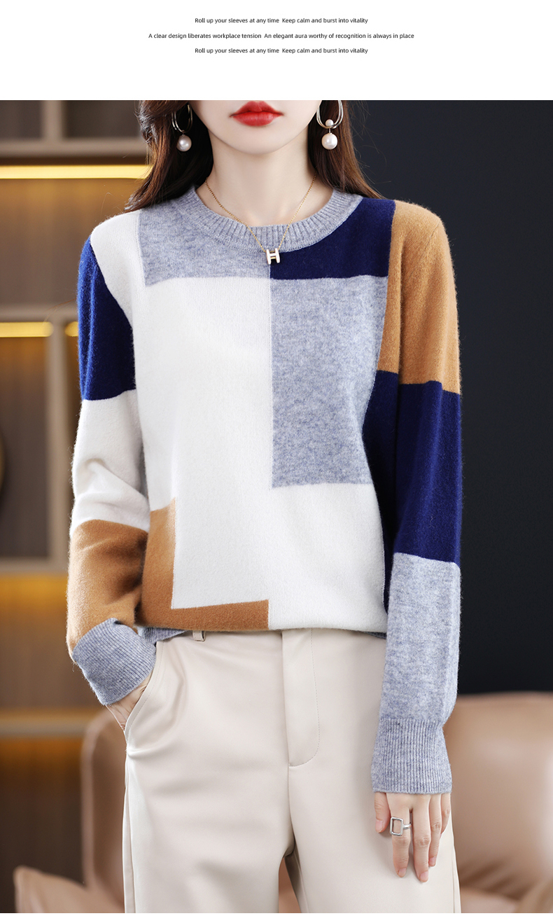Woman's Sweaters Autumn Winter Fashion Patchwork Casual Coats Female Pullover Long Sleeve O-Neck Jumper 100% Wool Knitted Tops