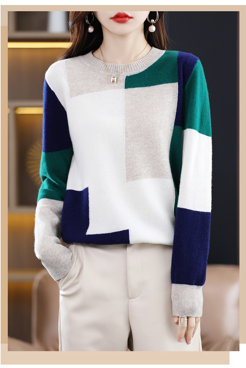 Woman's Sweaters Autumn Winter Fashion Patchwork Casual Coats Female Pullover Long Sleeve O-Neck Jumper 100% Wool Knitted Tops