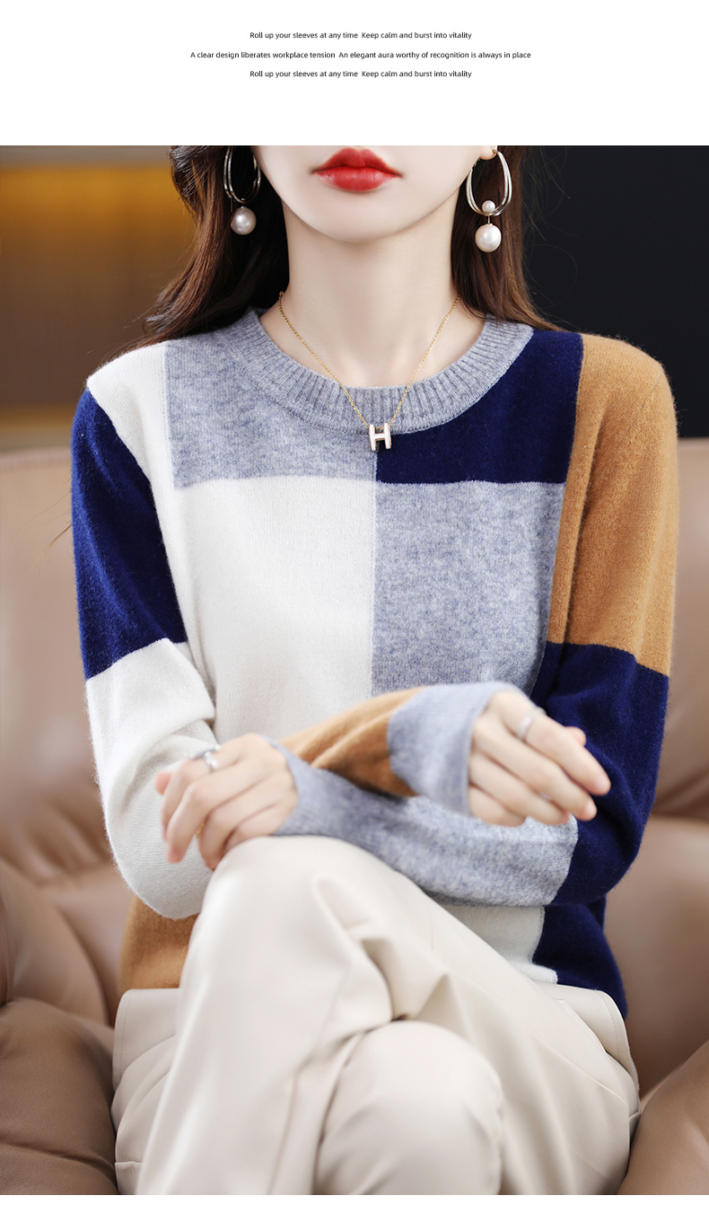 Woman's Sweaters Autumn Winter Fashion Patchwork Casual Coats Female Pullover Long Sleeve O-Neck Jumper 100% Wool Knitted Tops