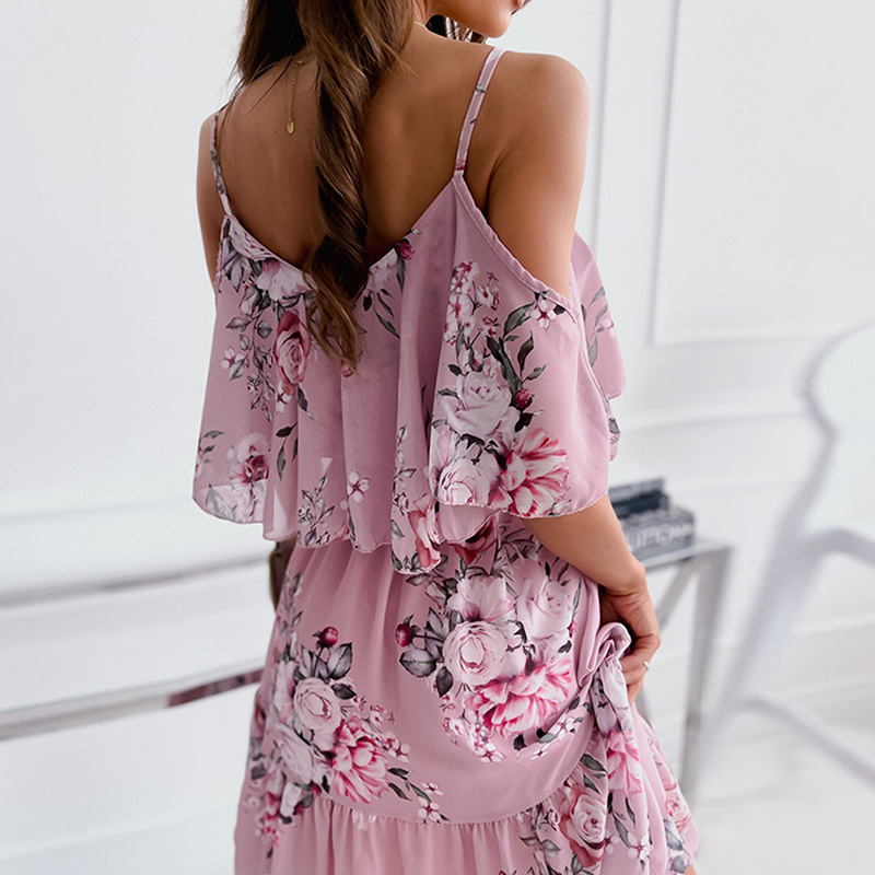 Sexy Spaghetti Strap Woman Dress Summer Floral Print Off Shoulder Sundress Elegant Chiffon A-Line Beach Boho Dresses