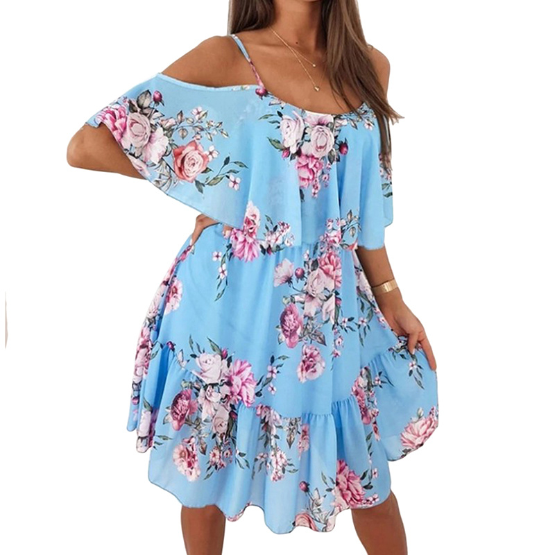 Sexy Spaghetti Strap Woman Dress Summer Floral Print Off Shoulder Sundress Elegant Chiffon A-Line Beach Boho Dresses