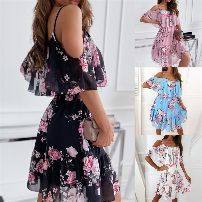 Sexy Spaghetti Strap Woman Dress Summer Floral Print Off Shoulder Sundress Elegant Chiffon A-Line Beach Boho Dresses