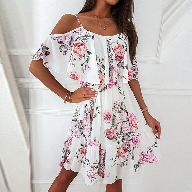 Sexy Spaghetti Strap Woman Dress Summer Floral Print Off Shoulder Sundress Elegant Chiffon A-Line Beach Boho Dresses