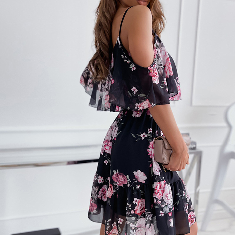 Sexy Spaghetti Strap Woman Dress Summer Floral Print Off Shoulder Sundress Elegant Chiffon A-Line Beach Boho Dresses