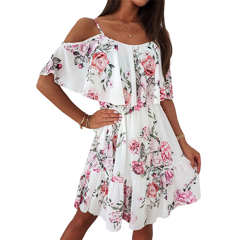 Sexy Spaghetti Strap Woman Dress Summer Floral Print Off Shoulder Sundress Elegant Chiffon A-Line Beach Boho Dresses