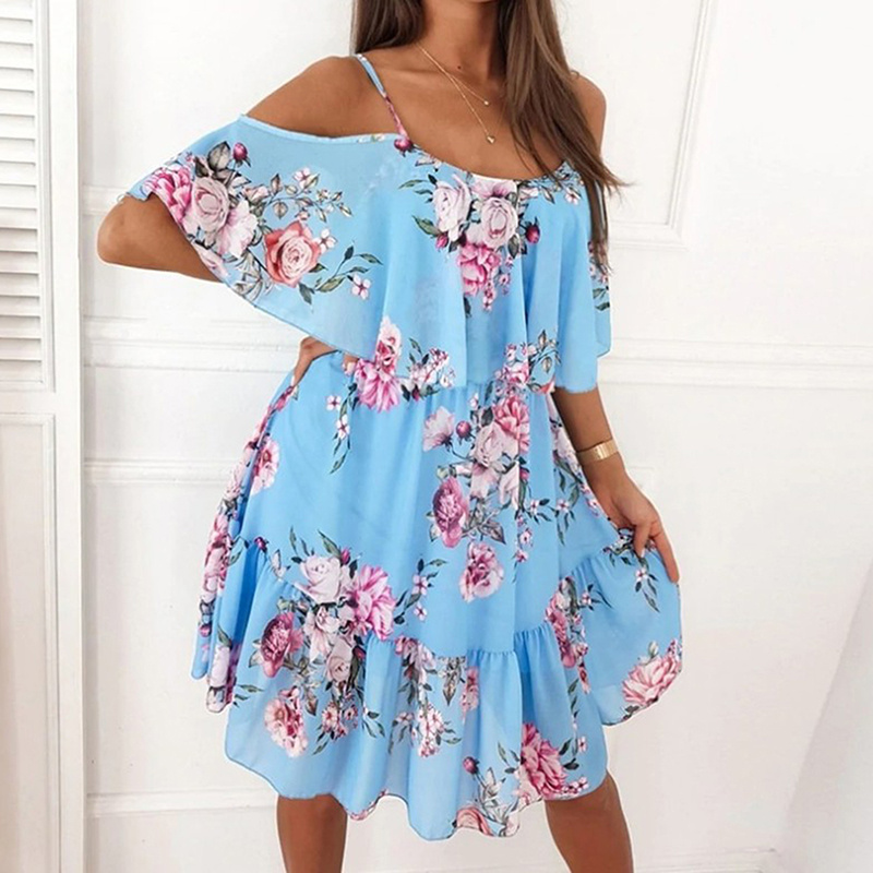 Sexy Spaghetti Strap Woman Dress Summer Floral Print Off Shoulder Sundress Elegant Chiffon A-Line Beach Boho Dresses
