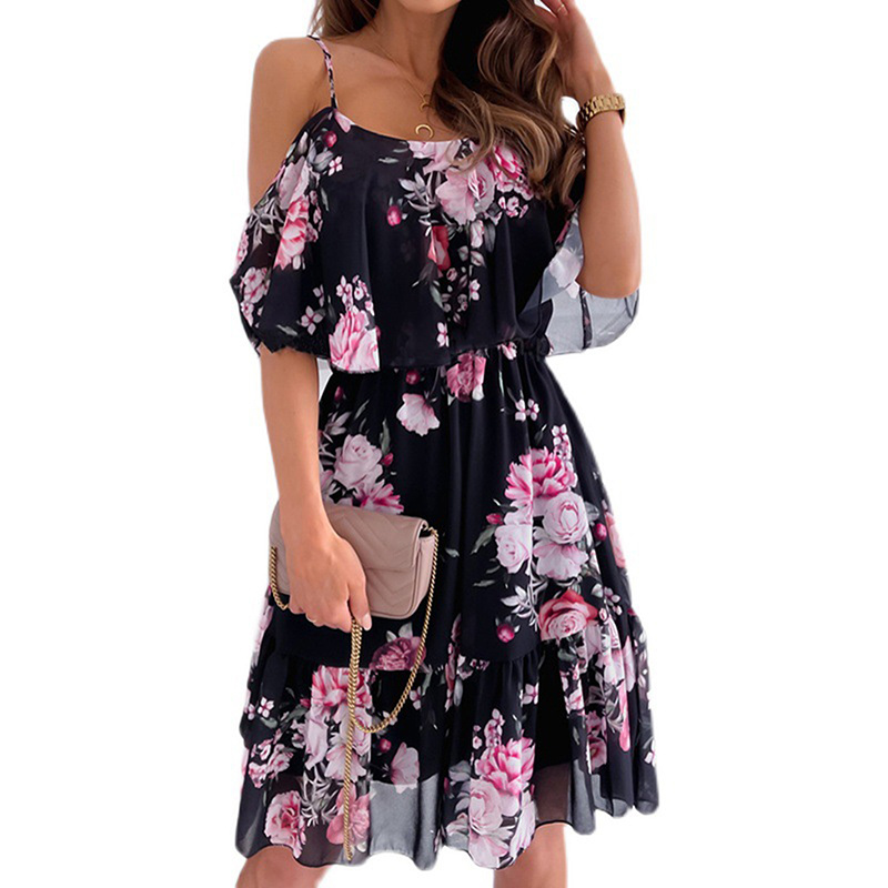 Sexy Spaghetti Strap Woman Dress Summer Floral Print Off Shoulder Sundress Elegant Chiffon A-Line Beach Boho Dresses