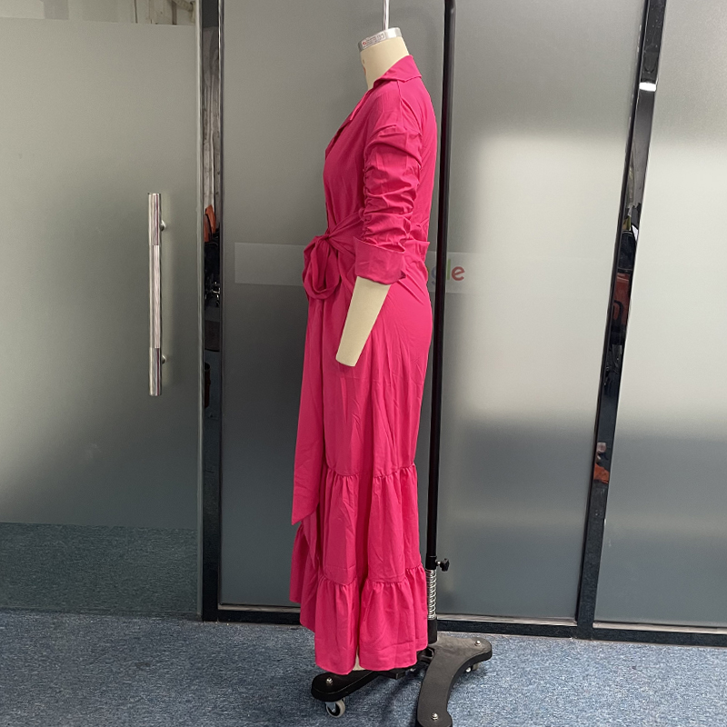 LIYONG Women Maxi Dress Fashion Elegant Long Sleeve Lapel Lace Up Nipped Waist Pleated Solid Color Dresses High Streetwear