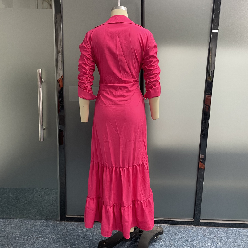 LIYONG Women Maxi Dress Fashion Elegant Long Sleeve Lapel Lace Up Nipped Waist Pleated Solid Color Dresses High Streetwear