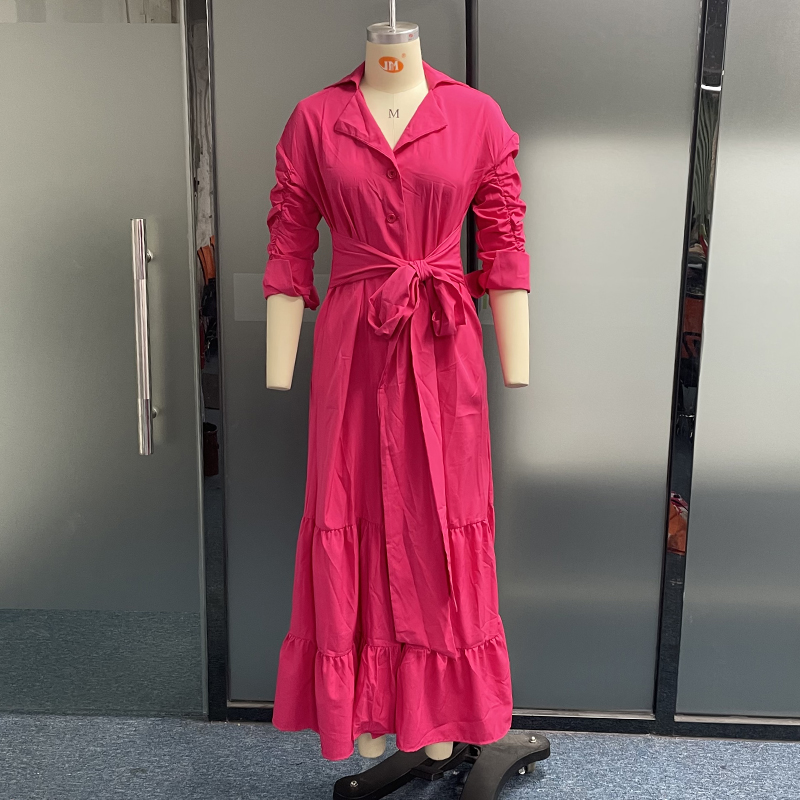 LIYONG Women Maxi Dress Fashion Elegant Long Sleeve Lapel Lace Up Nipped Waist Pleated Solid Color Dresses High Streetwear