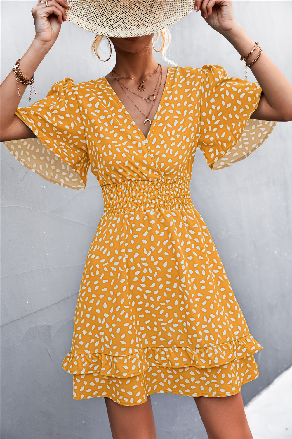 Sexy V Neck Mini Dress For Women Fashion Floral Slim Short Dresses Female Lotus Leaf Sleeve Elegant Dress Summer Vestido Mujer