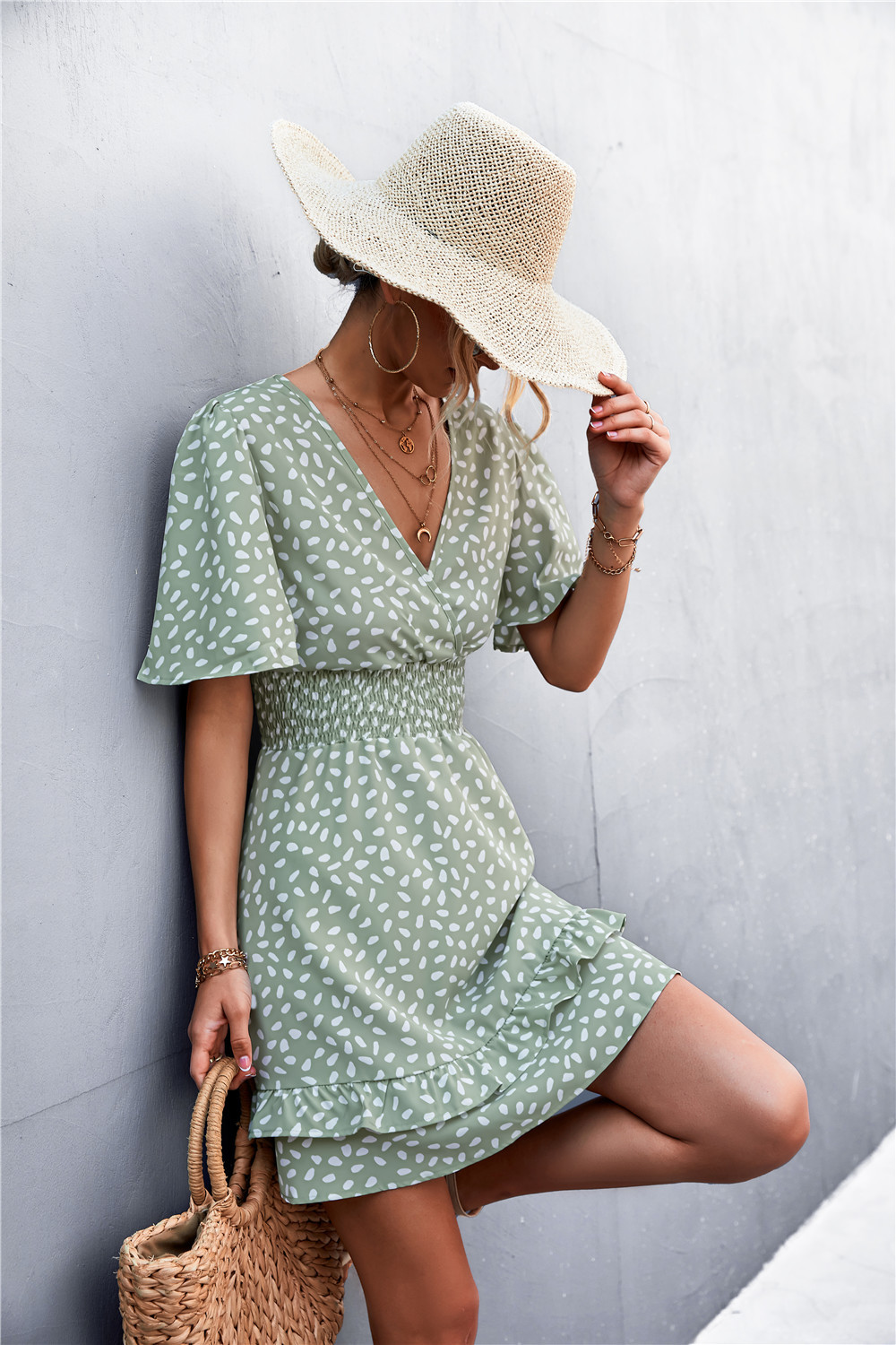 Sexy V Neck Mini Dress For Women Fashion Floral Slim Short Dresses Female Lotus Leaf Sleeve Elegant Dress Summer Vestido Mujer