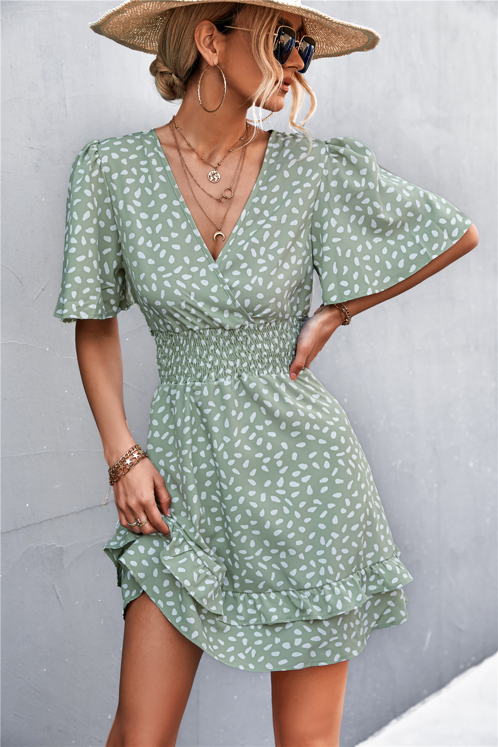 Sexy V Neck Mini Dress For Women Fashion Floral Slim Short Dresses Female Lotus Leaf Sleeve Elegant Dress Summer Vestido Mujer
