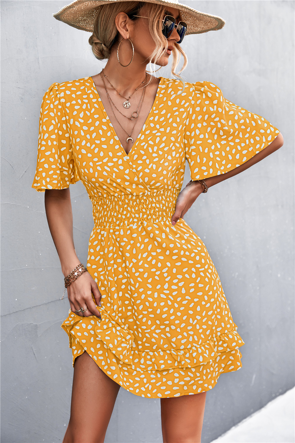 Sexy V Neck Mini Dress For Women Fashion Floral Slim Short Dresses Female Lotus Leaf Sleeve Elegant Dress Summer Vestido Mujer