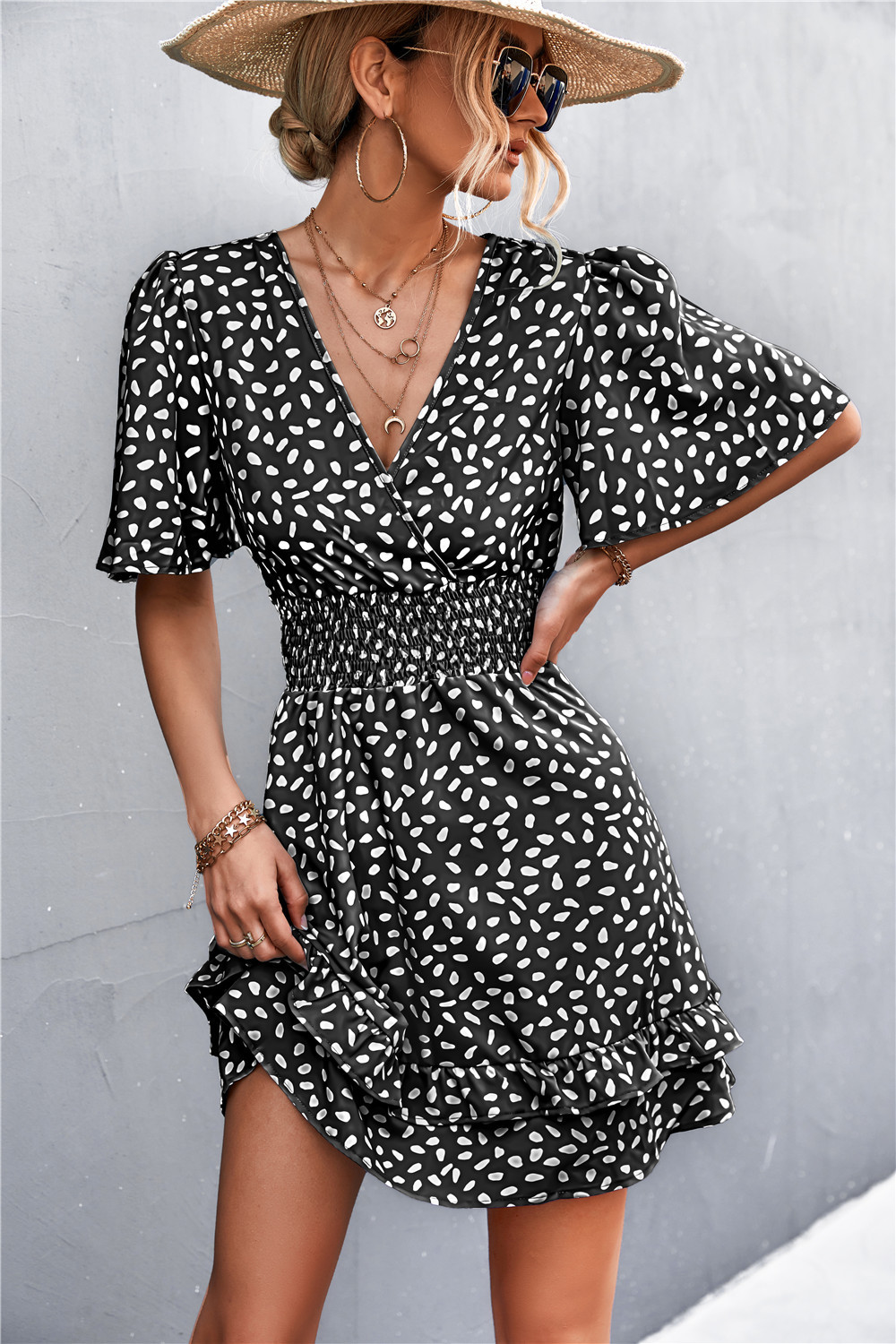 Sexy V Neck Mini Dress For Women Fashion Floral Slim Short Dresses Female Lotus Leaf Sleeve Elegant Dress Summer Vestido Mujer