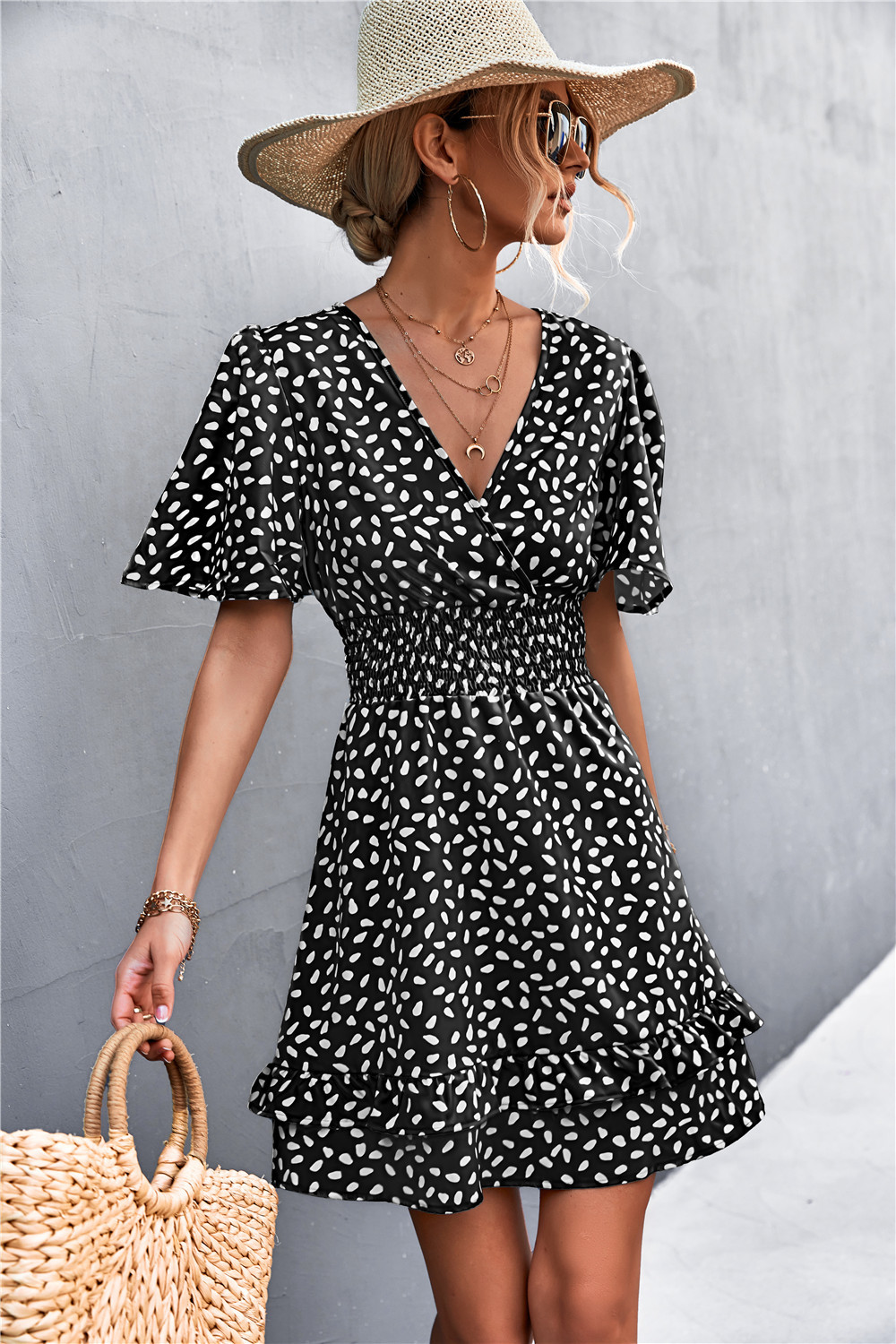 Sexy V Neck Mini Dress For Women Fashion Floral Slim Short Dresses Female Lotus Leaf Sleeve Elegant Dress Summer Vestido Mujer