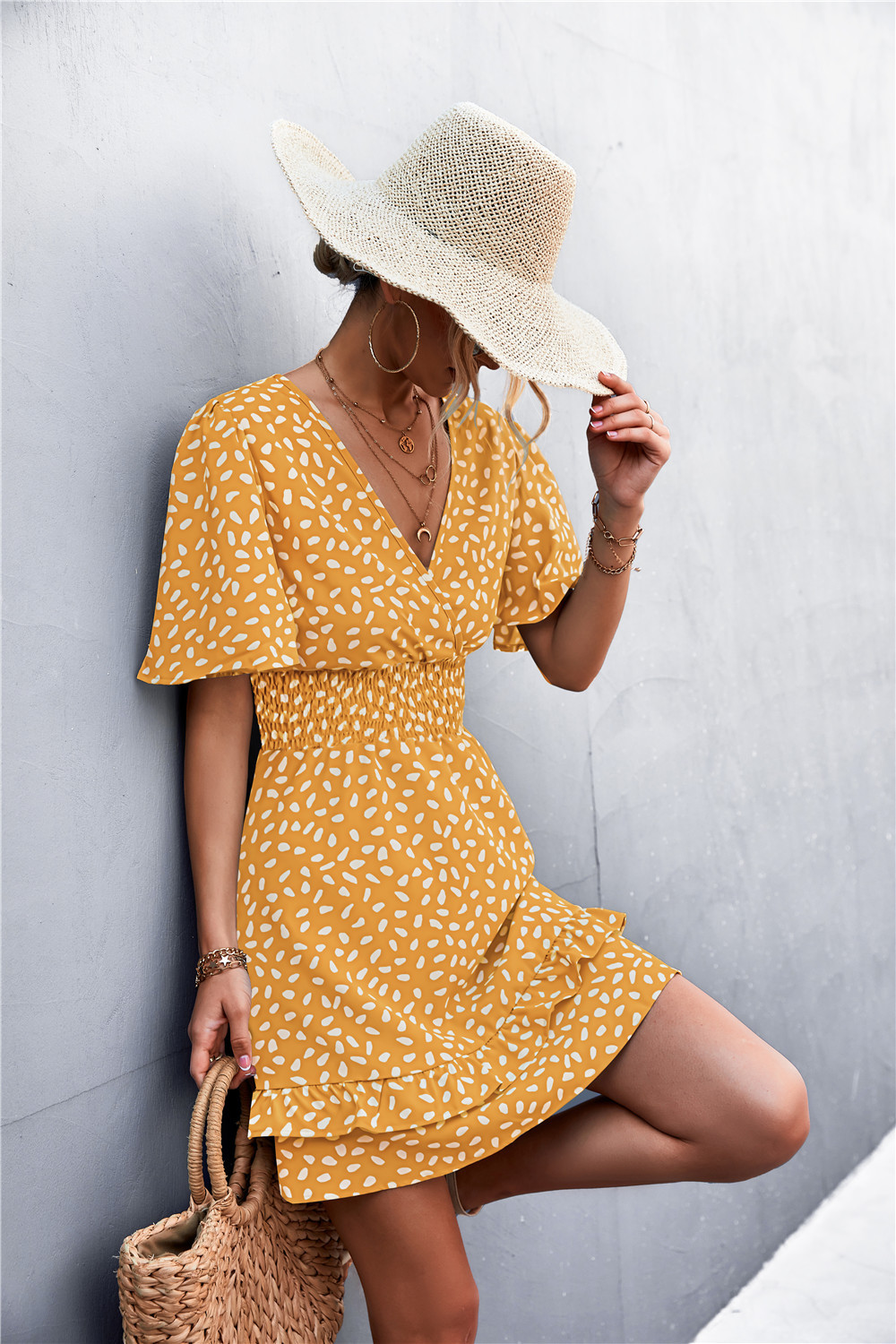 Sexy V Neck Mini Dress For Women Fashion Floral Slim Short Dresses Female Lotus Leaf Sleeve Elegant Dress Summer Vestido Mujer