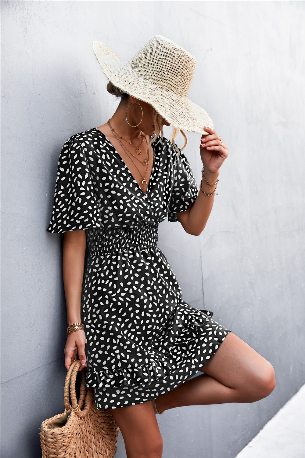 Sexy V Neck Mini Dress For Women Fashion Floral Slim Short Dresses Female Lotus Leaf Sleeve Elegant Dress Summer Vestido Mujer