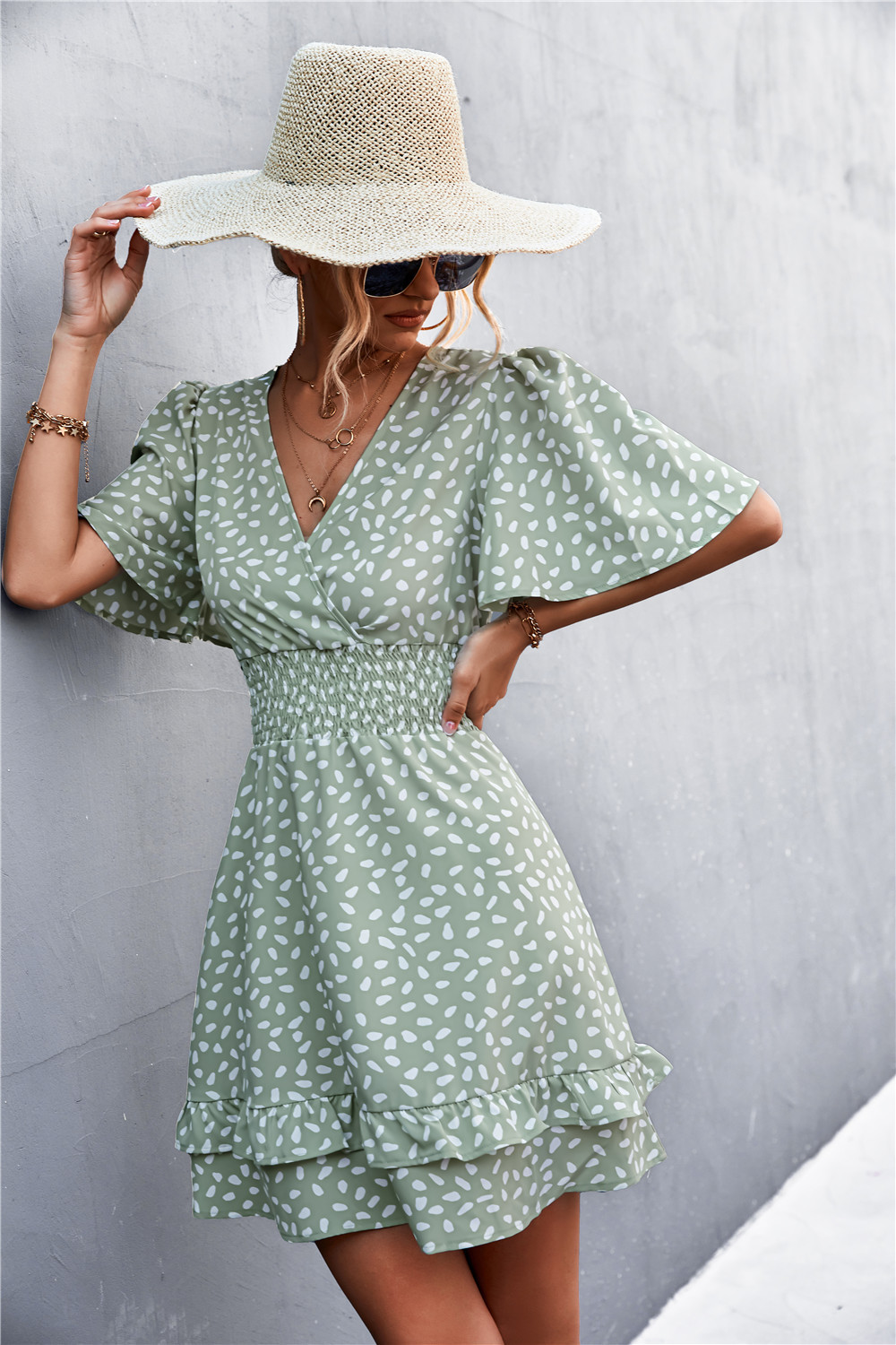 Sexy V Neck Mini Dress For Women Fashion Floral Slim Short Dresses Female Lotus Leaf Sleeve Elegant Dress Summer Vestido Mujer