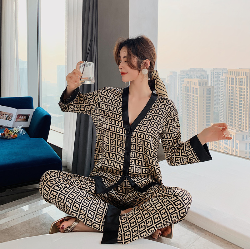Women's Pajamas Set V Neck Design Luxury Cross Letter Print Sleepwear Silk Like Home Clothes XXXXL Large Size Nightwear