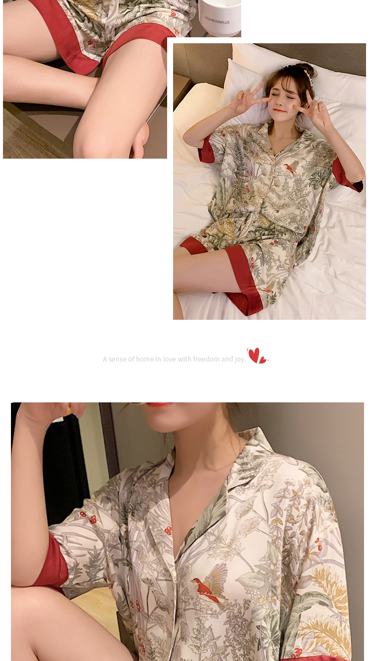 2 Piece Women Set Spring Summer Short Sleeve Pajamas for Woman Silk Fashion Sleepwear Flowers Bird Print Sexy Satin Pajama Set