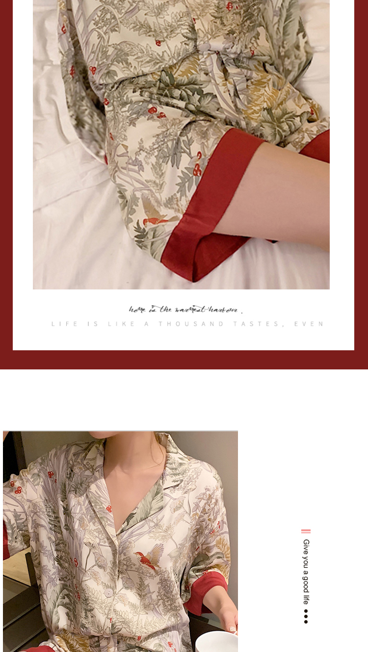 2 Piece Women Set Spring Summer Short Sleeve Pajamas for Woman Silk Fashion Sleepwear Flowers Bird Print Sexy Satin Pajama Set