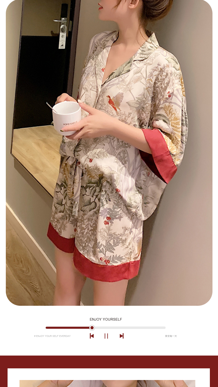 2 Piece Women Set Spring Summer Short Sleeve Pajamas for Woman Silk Fashion Sleepwear Flowers Bird Print Sexy Satin Pajama Set