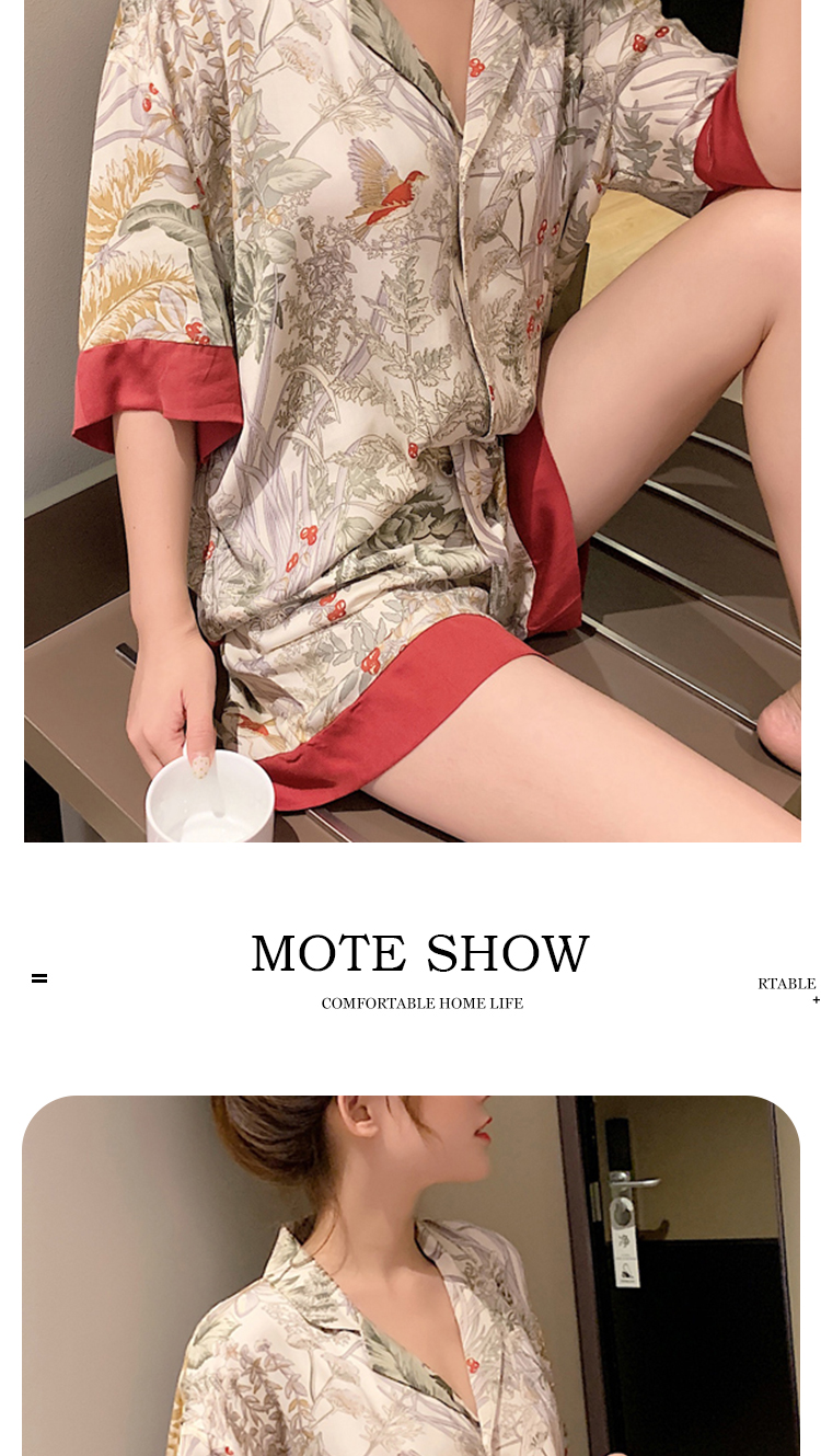 2 Piece Women Set Spring Summer Short Sleeve Pajamas for Woman Silk Fashion Sleepwear Flowers Bird Print Sexy Satin Pajama Set