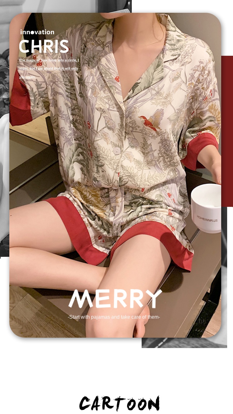 2 Piece Women Set Spring Summer Short Sleeve Pajamas for Woman Silk Fashion Sleepwear Flowers Bird Print Sexy Satin Pajama Set