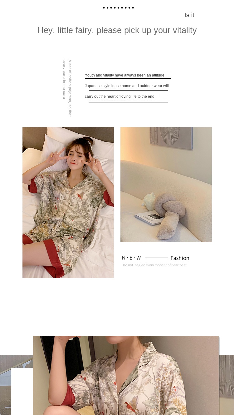 2 Piece Women Set Spring Summer Short Sleeve Pajamas for Woman Silk Fashion Sleepwear Flowers Bird Print Sexy Satin Pajama Set