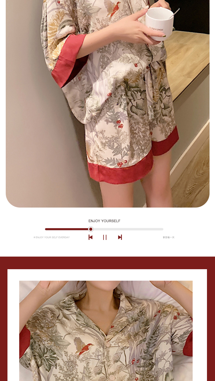 2 Piece Women Set Spring Summer Short Sleeve Pajamas for Woman Silk Fashion Sleepwear Flowers Bird Print Sexy Satin Pajama Set